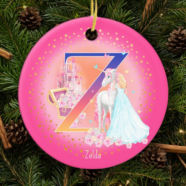 Ornamento De Cerâmica Unicórnio e Princesa - Letra Z Monograma - Natal (This pretty pink monogrammed Christmas ornament is perfect for your little princess!)