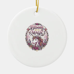 Ornamento De Cerâmica Unicórnio Florido com Magia POD Pronto Fundo Branc