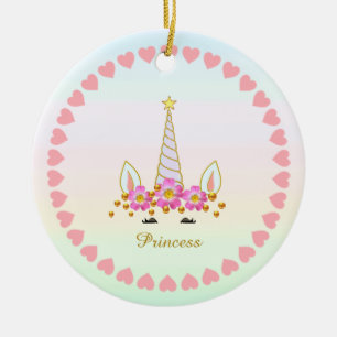 Ornamento De Cerâmica Unicórnio Fofo, Flores, Corações e Confetes Dourad