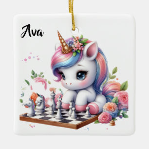Ornamento De Cerâmica Unicórnio Fofo Personalizado/Menino jogando xadrez