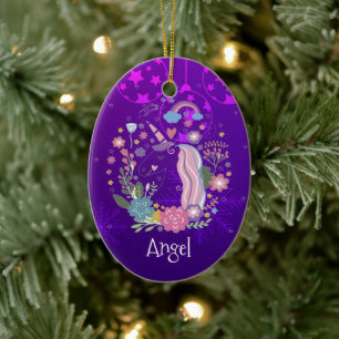 Ornamento De Cerâmica Unicórnio Roxo de Natal Personalizado