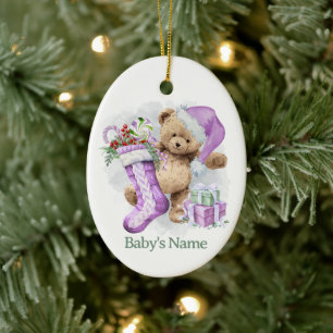 Ornamento De Cerâmica Ursa de pelúcia lavanda no primeiro Natal do bebê