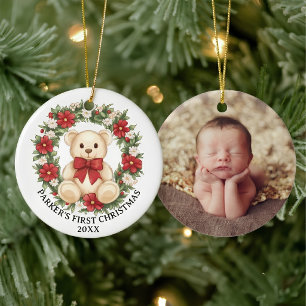 Ornamento De Cerâmica Ursa Teddy Fofa Coroa Floral Primeiro Natal do Beb