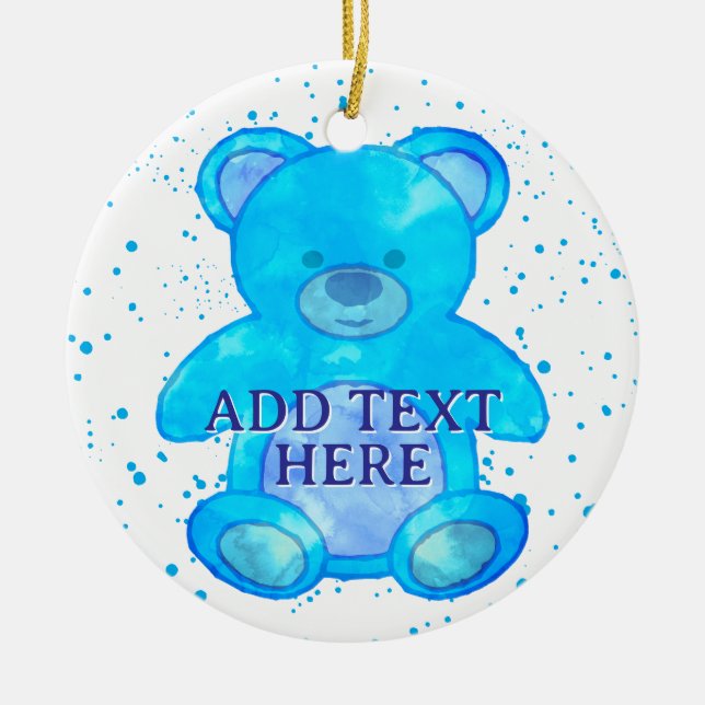 Ornamento De Cerâmica Urso Bebê Escuro em Texto Personalizado Azul (Frente)