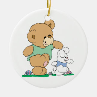 Ornamento De Cerâmica Urso Bonito e Coelhinho de Páscoa