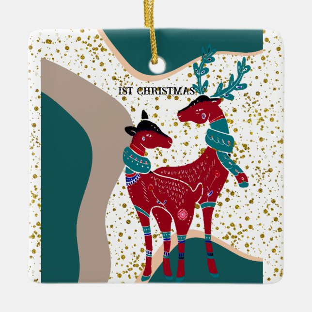 Ornamento De Cerâmica Urso de Casal de Vestidos de Natal Dourado Boho (Frente)