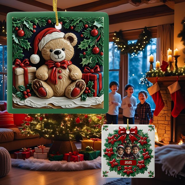 Ornamento De Cerâmica Urso de Natal e Apresentações Personalizáveis (Criador carregado)