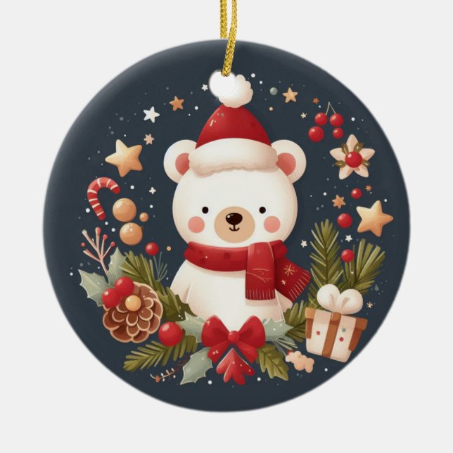 Ornamento De Cerâmica Urso de Natal/Inverno em coroa (Frente)