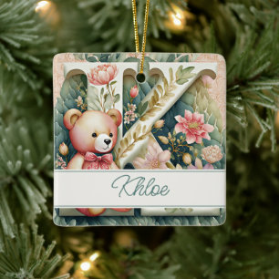 Ornamento De Cerâmica Urso de pelúcia com a letra K personalizada floral