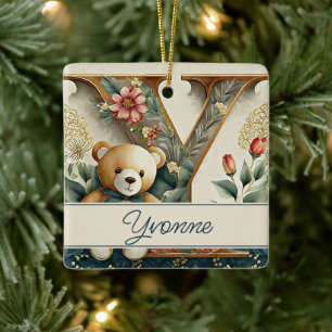 Ornamento De Cerâmica Urso de pelúcia com a letra Y personalizada floral