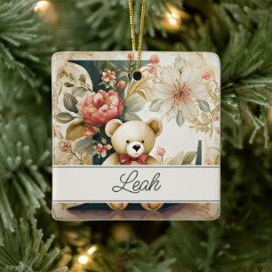 Ornamento De Cerâmica Urso de pelúcia com letra L personalizada FLoral