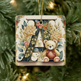 Ornamento De Cerâmica Urso de pelúcia floral letra A