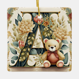 Ornamento De Cerâmica Urso de pelúcia floral letra A