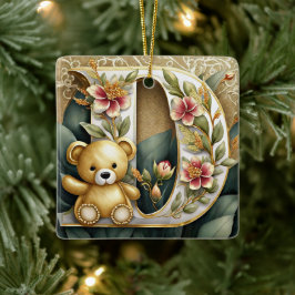 Ornamento De Cerâmica Urso de pelúcia floral letra D
