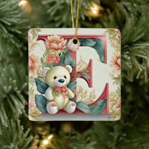 Ornamento De Cerâmica Urso de pelúcia floral letra E