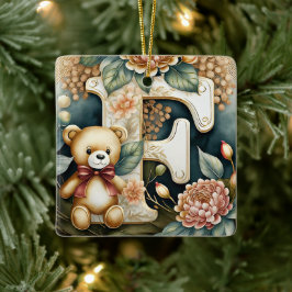Ornamento De Cerâmica Urso de pelúcia FLoral letra F