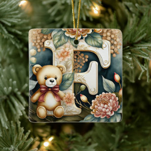Ornamento De Cerâmica Urso de pelúcia FLoral letra F