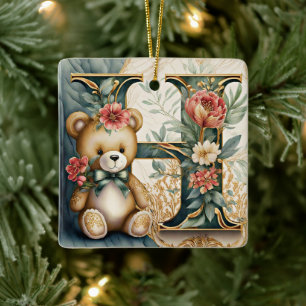 Ornamento De Cerâmica Urso de pelúcia floral letra H