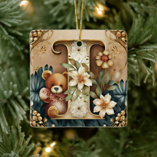 Ornamento De Cerâmica Urso de pelúcia floral letra I