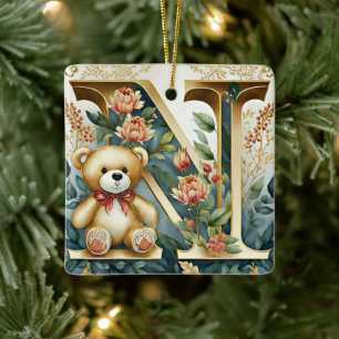 Ornamento De Cerâmica Urso de pelúcia floral letra N