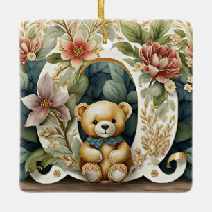 Ornamento De Cerâmica Urso de pelúcia floral letra O