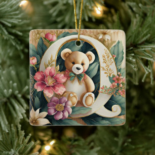 Ornamento De Cerâmica Urso de pelúcia floral letra Q