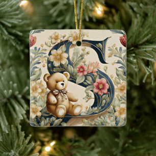 Ornamento De Cerâmica Urso de pelúcia floral letra S