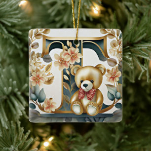 Ornamento De Cerâmica Urso de pelúcia floral letra T