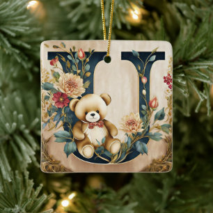 Ornamento De Cerâmica Urso de pelúcia floral letra U