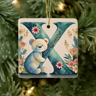 Ornamento De Cerâmica Urso de pelúcia floral letra X