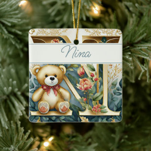 Ornamento De Cerâmica Urso de pelúcia floral personalizado com a letra N
