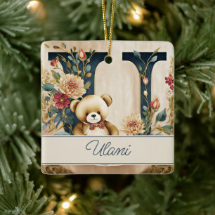 Ornamento De Cerâmica Urso de pelúcia floral personalizado com letra U