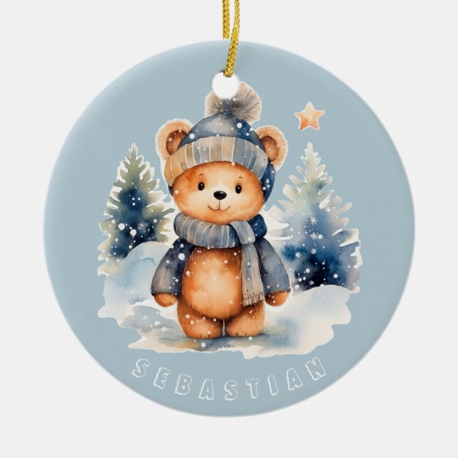 Ornamento De Cerâmica Urso de pelúcia na floresta, personalizado (Frente)
