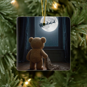 Ornamento De Cerâmica Urso de pelúcia observando o Papai Noel