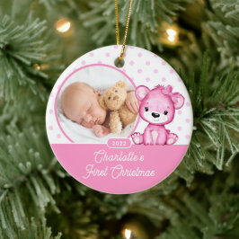 Ornamento De Cerâmica Urso de Pelúcia Rosa Primeiro Natal da Bebê Foto