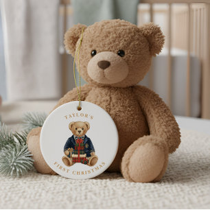 Ornamento De Cerâmica Urso de pelúcia xadrez Luxo Preppy 1º Natal