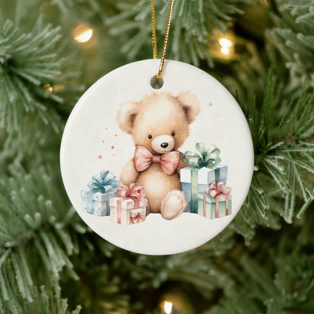 Ornamento De Cerâmica Urso de Teddy Bonito com Presentes de Natal (Árvore)