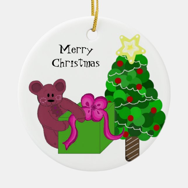 Ornamento De Cerâmica Urso de Teddy com Árvore de Natal (Frente)