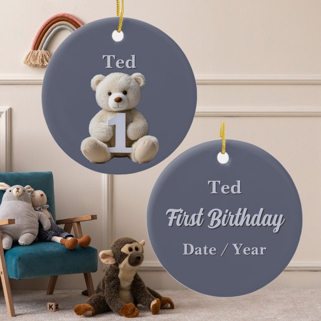 Ornamento De Cerâmica Urso de Teddy e Balões de primeiro aniversario (Baby 1st birthday milestone keepsake ornament cute teddy bear name date and special occasion fields)