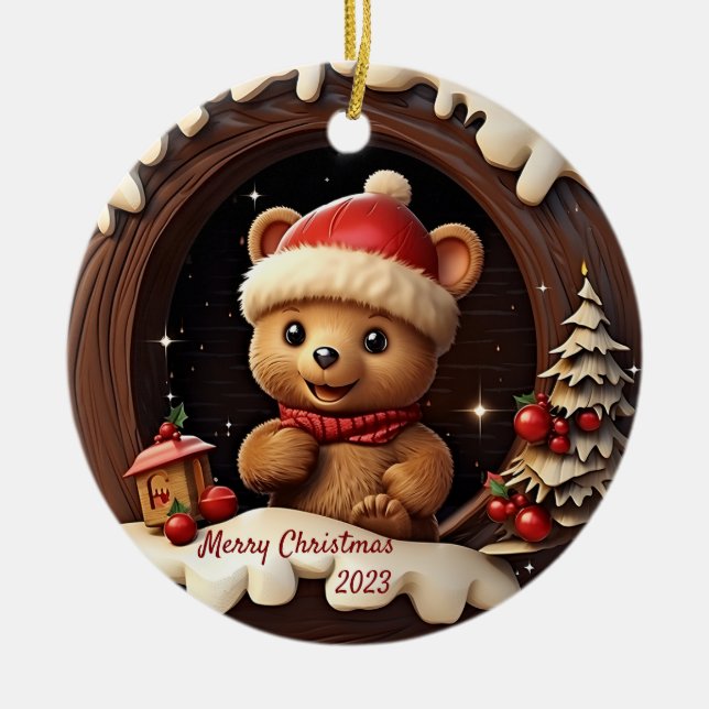 Ornamento De Cerâmica Urso de Teddy em 3D com Papai Noel (Frente)
