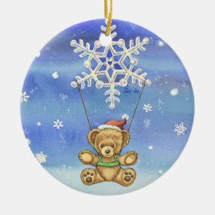 Ornamento De Cerâmica Urso de ursinho com pára-quedas do floco de neve