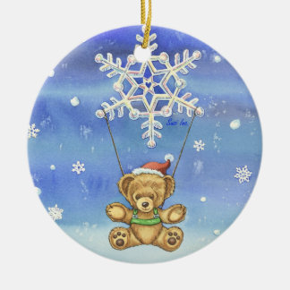 Ornamento De Cerâmica Urso de ursinho com pára-quedas do floco de neve