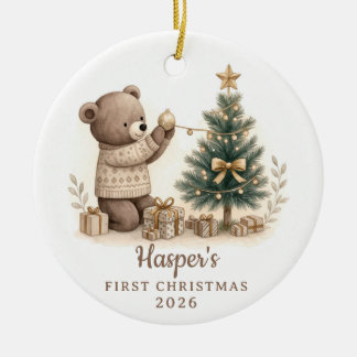 Ornamento De Cerâmica Urso em Aquarela Neutra Bebê Primeiro Natal