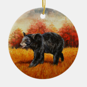 Ornamento De Cerâmica Urso Negro na Floresta do outono