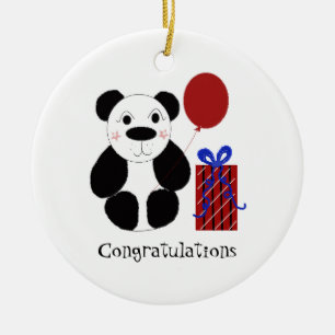 Ornamento De Cerâmica Urso Panda com Balão de Parabéns
