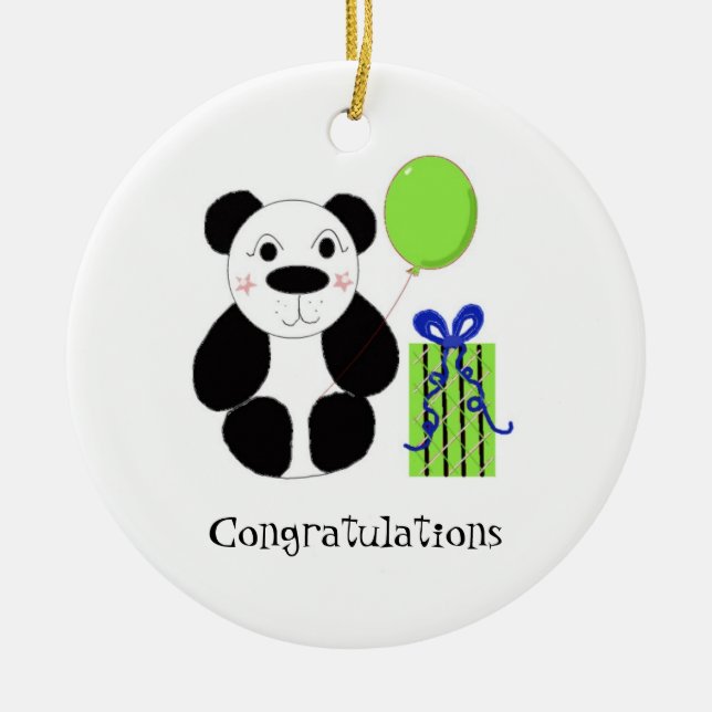 Ornamento De Cerâmica Urso Panda com Balão de Parabéns (Frente)