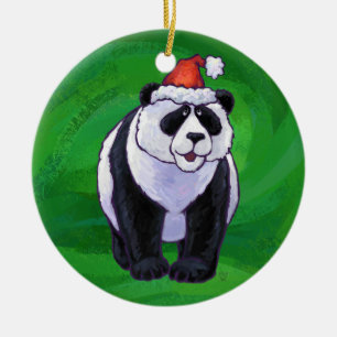 Ornamento De Cerâmica Urso Panda com Chapéu de Natal em Verde