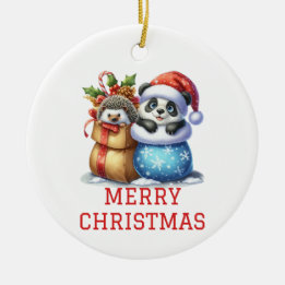 Ornamento De Cerâmica Urso Panda Fofo e Filhote de Ouriço Natal