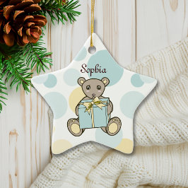 Ornamento De Cerâmica Urso Personalizado Azul Pastel e Amarelo