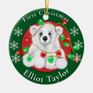 Ornamento De Cerâmica Urso polar bebê fofo de Natal luzes vermelhas e ve